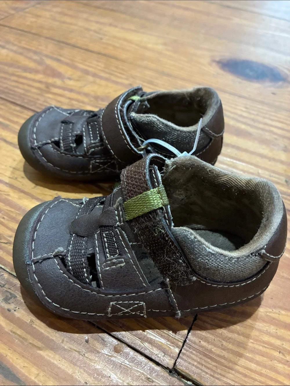 Stride Rite Brown Leather Baby Walker Shoes with Green Accent